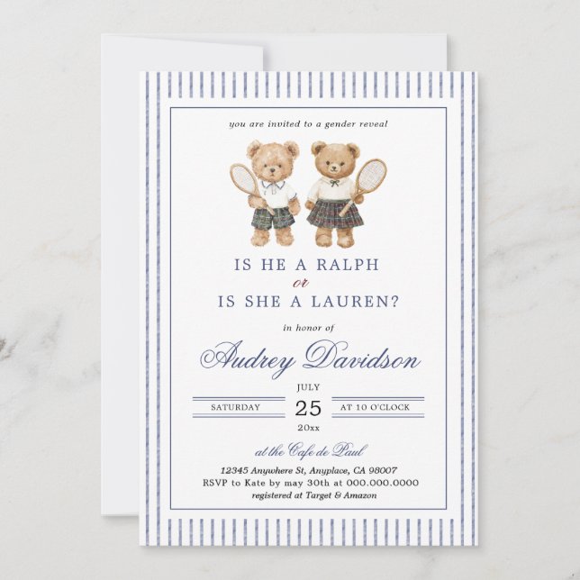 Preppy Polo Bear Lauren or Ralph Gender Reveal  Invitation (Front)