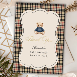 Preppy Polo Teddy Bear Luxury Beige Baby Shower Thank You Card