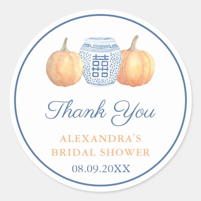 Preppy Pumpkin Blue And White Bridal Shower Favour Classic Round Sticker (Front)