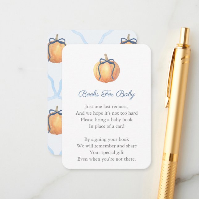 Preppy Pumpkin With Bow Bring A Book Baby Shower Enclosure Card (Front/Back In Situ)
