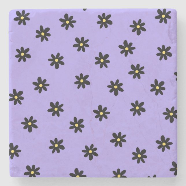 Preppy Purple Black Floral Simple Flower Pattern Stone Coaster (Front)
