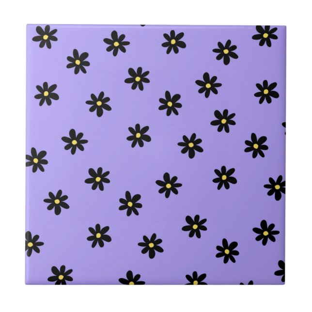 Preppy Purple Black Floral Simple Flower Pattern Tile (Front)