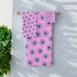 Preppy Purple Blue Hippie Flower Pattern Bath Towel Set