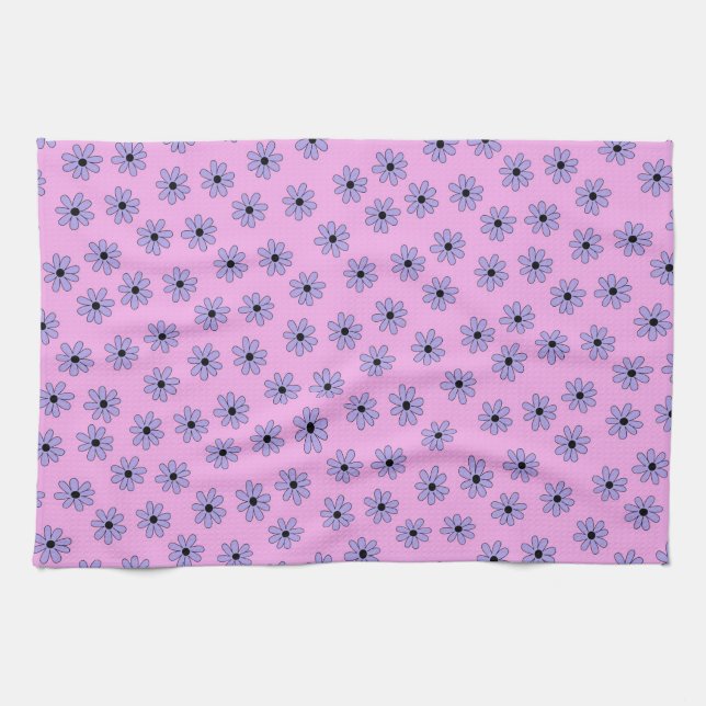 Preppy Purple Blue Hippie Flower Pattern Kitchen Towel (Horizontal)