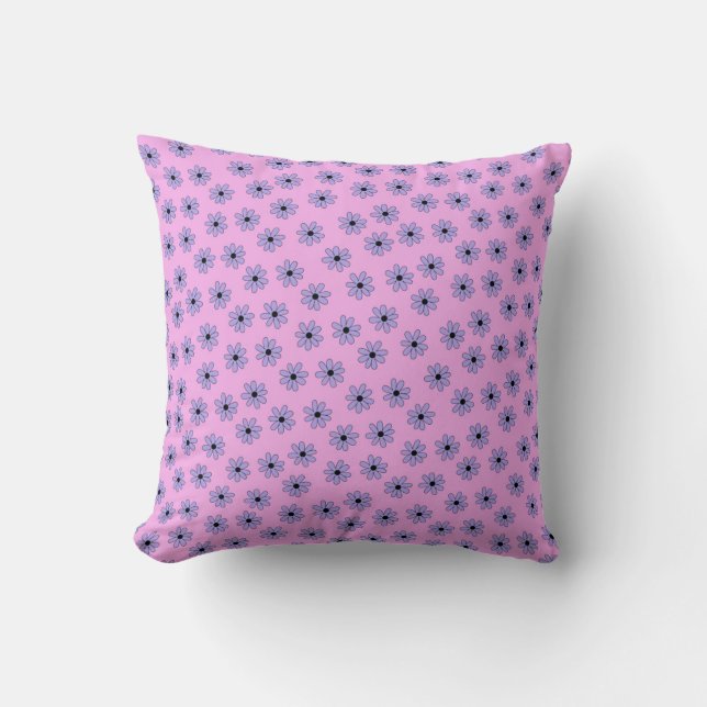 Preppy Purple Blue Hippie Flower Pattern Throw Pillow (Front)