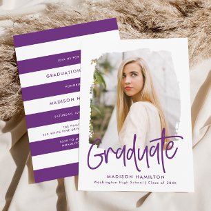 Preppy Purple Script Photo Graduation Party Invitation