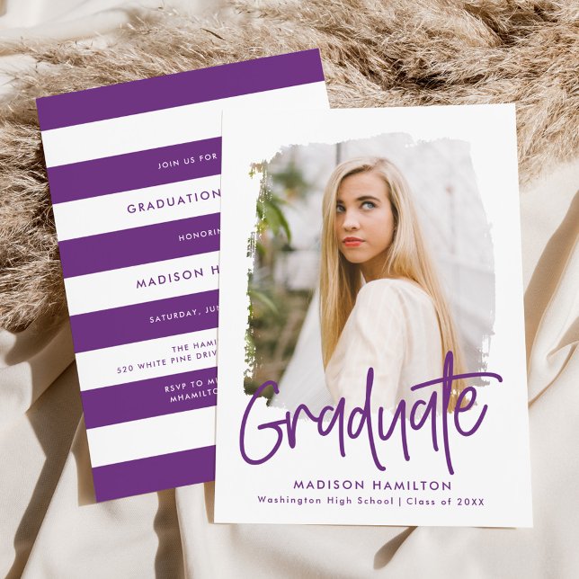 Preppy Purple Script Photo Graduation Party Invitation (Creator Uploaded)
