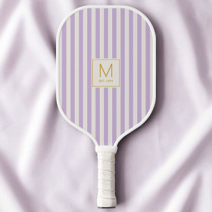 Preppy Purple Stripes Simple Gold Initial Monogram Pickleball Paddle