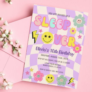Preppy Purple Y2K Sleep Over Happy Face Birthday Invitation