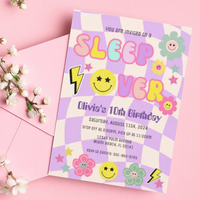 Preppy Purple Y2K Sleep Over Happy Face Birthday Invitation (Creator Uploaded)