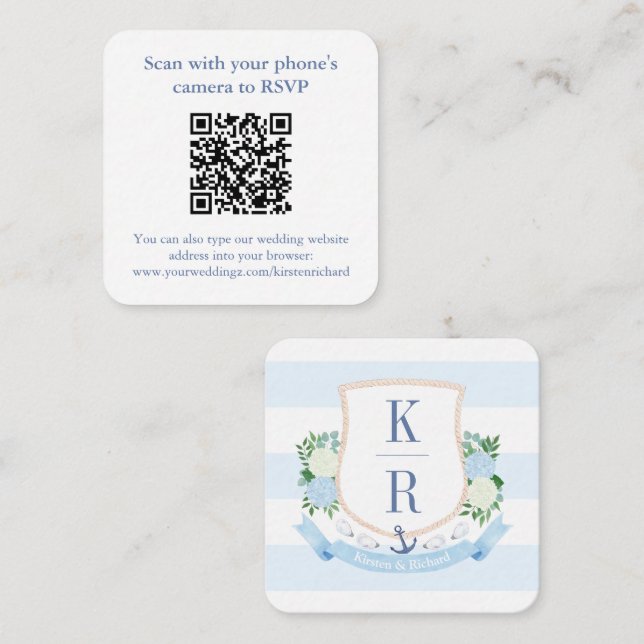 Preppy QR Code Coastal Monogram Wedding RSVP Enclosure Card (Front/Back)