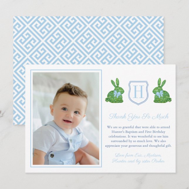 Preppy Rabbit Boy Christening 1st Birthday Party Thank You Card (Front/Back)