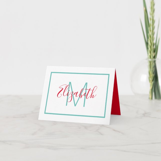 Preppy Red and Aqua Monogram Note Card (Front)
