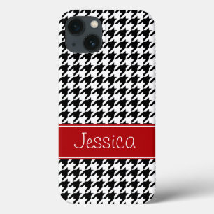 Preppy Red and Black Houndstooth Personalized iPhone 13 Case