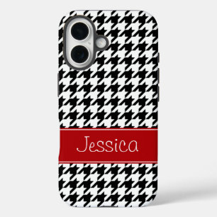Preppy Red and Black Houndstooth Personalized iPhone 16 Case