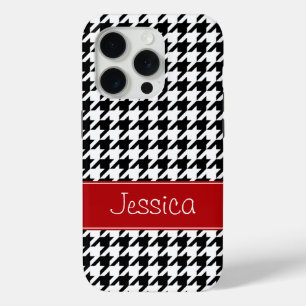 Preppy Red and Black Houndstooth Personalized iPhone 15 Pro Case