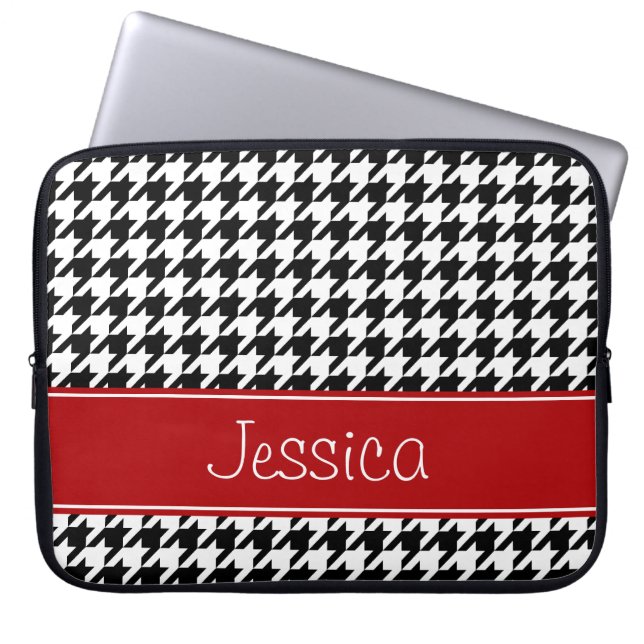 Preppy Red and Black Houndstooth Personalized Laptop Sleeve (Front)