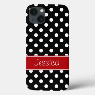 Preppy Red and Black Polka Dots Personalized iPhone 13 Case