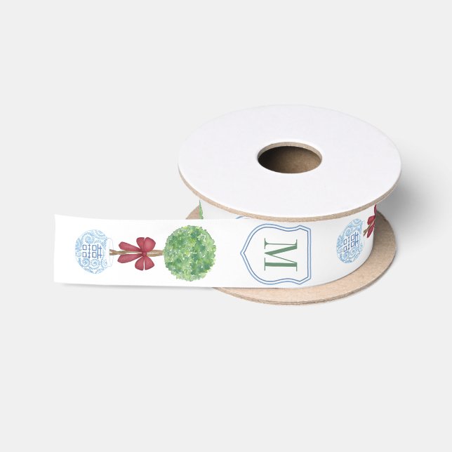 Preppy Red And Green Monogram Boxwood Christmas Satin Ribbon (Spool)