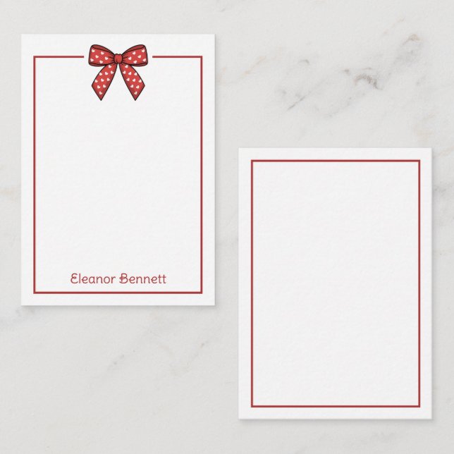 Preppy Red and White Heart Bow Personalized Card (Front/Back)
