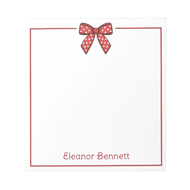 Preppy Red and White Heart Bow Personalized Notepad (Front)