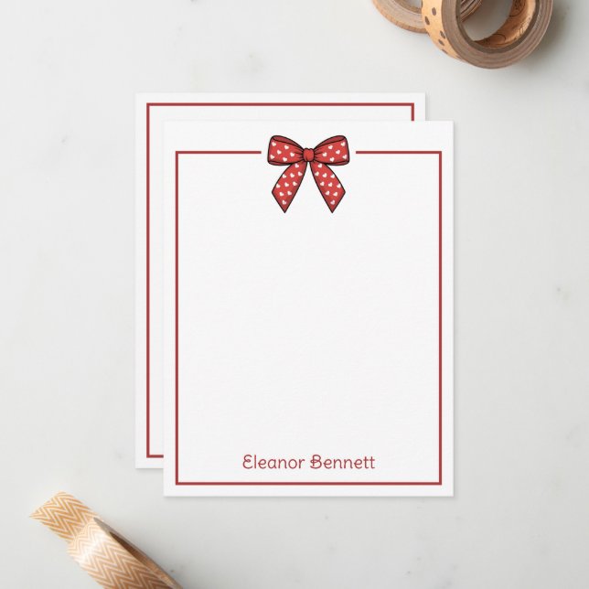 Preppy Red and White Hearts Bow Personalized Card (Front/Back In Situ)