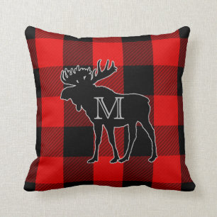 Preppy Red Buffalo Check Monogrammed Moose Throw Pillow