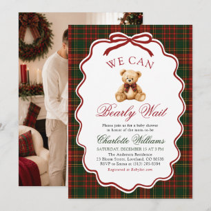 Preppy Red Christmas Plaid Teddy Bear Baby Shower Invitation