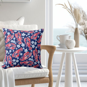 Preppy Red Lobster White Flower Navy Throw Pillow