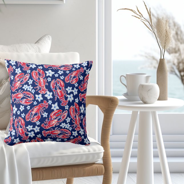 Preppy Red Lobster White Flower Navy  Throw Pillow (Creator Uploaded)