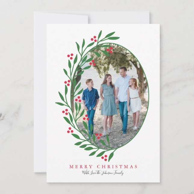 Preppy Red Oval Christmas Wreath Holiday Photo (Front)