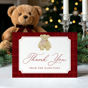 Preppy Red Plaid Teddy Bear Baby Shower Thank You Card