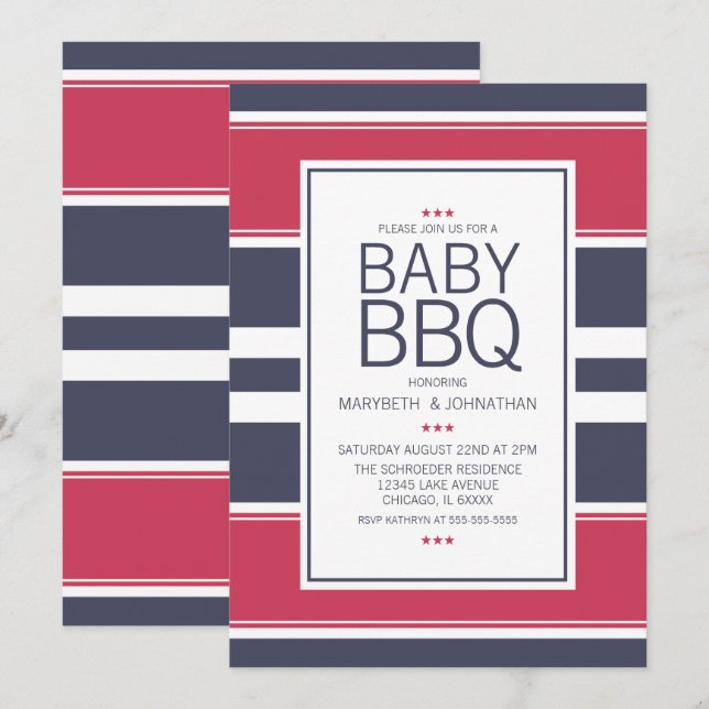 Preppy Red,White & Blue BBQ Baby Shower Invitation (Front/Back)