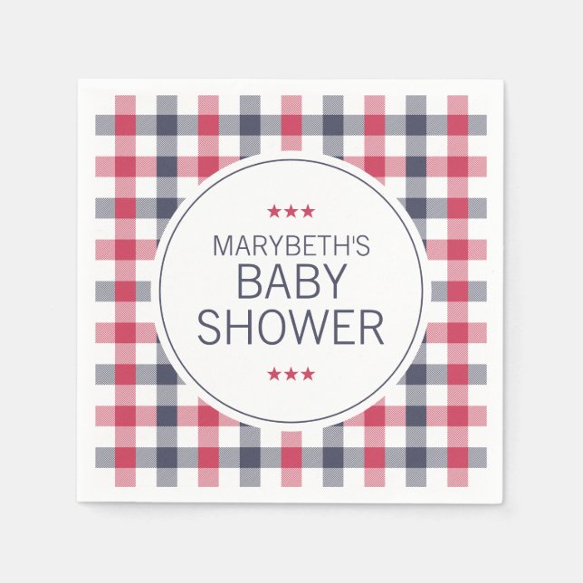 Preppy Red, White & Blue Plaid Baby Shower Napkin (Front)