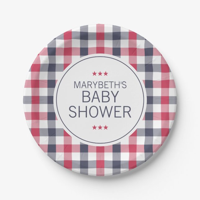 Preppy Red, White & Blue Plaid Baby Shower Paper Plate (Front)