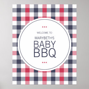 Preppy Red White & Blue Plaid Baby Shower Welcome Poster