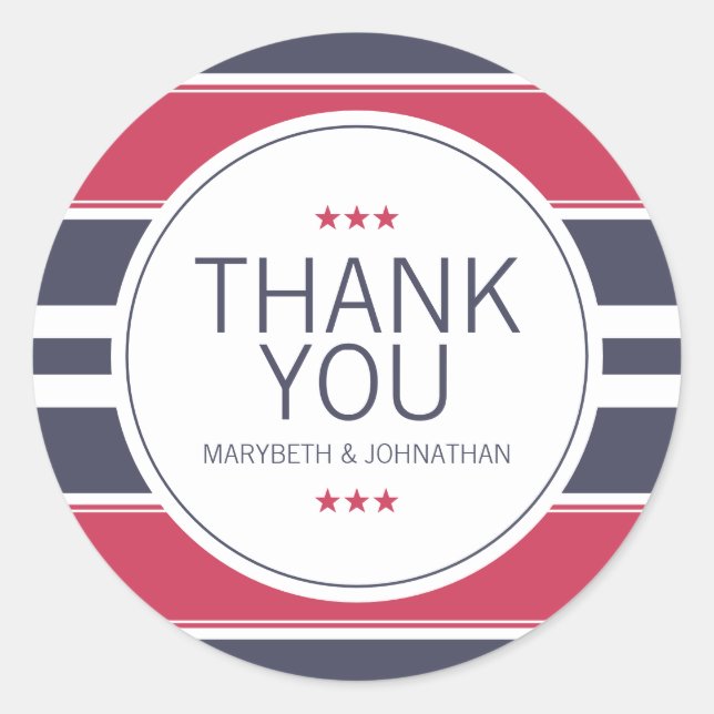 Preppy Red, White & Blue Stripe Thank You Sticker (Front)