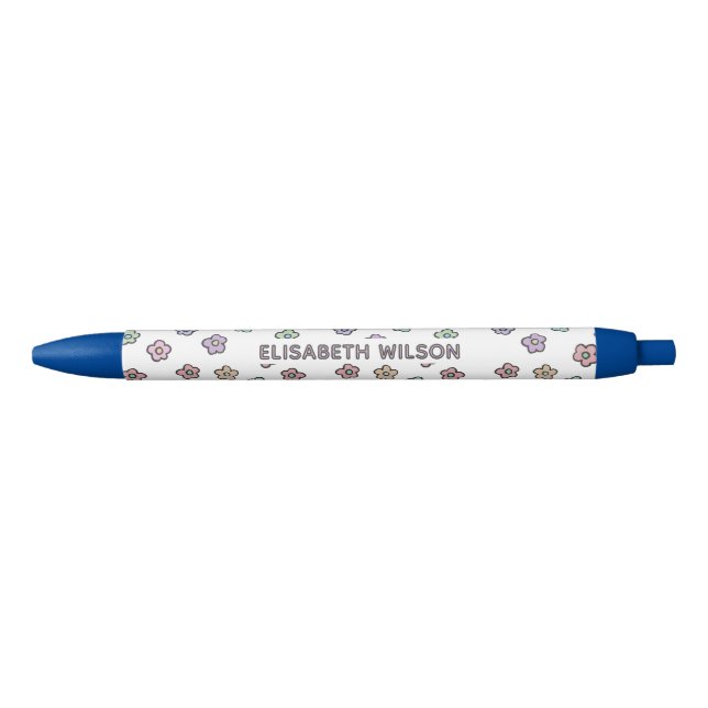 Preppy Retro Groovy Floral Black Monogram  Black Ink Pen (Front)