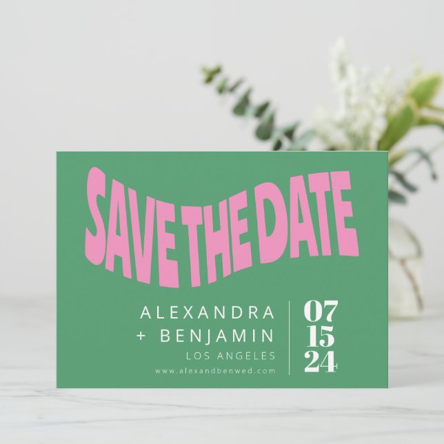 Preppy Retro Mod Unique Photo Pink Green Custom Save The Date (Standing Front)