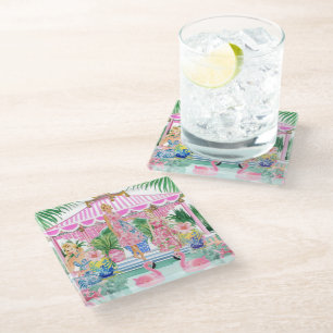 Preppy Retro Palm Beach Pool Party Glass Coaster