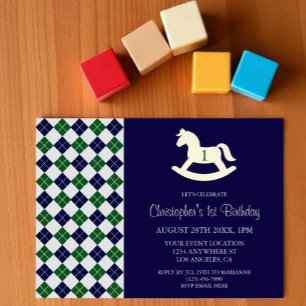 Preppy Rocking Horse Argyle 1st Birthday Invitation
