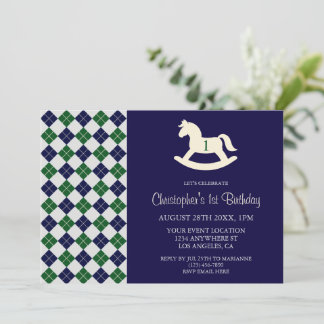 Preppy Rocking Horse Argyle 1st Birthday Invitation