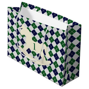 Preppy Rocking Horse Argyle 1st Birthday Large Gift Bag