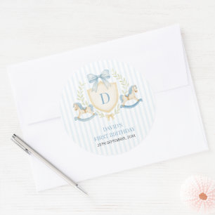 Preppy Rocking Horse Boy First Birthday Classic Round Sticker