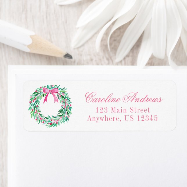 Preppy rose & vert Christmas Wreath Adresse (En situation)