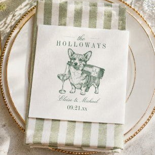 Preppy Sage Green Corgi Champagne Wedding Napkin