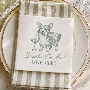 Preppy Sage Green Corgi Champagne Wedding Napkin