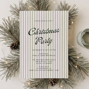 Preppy Sage Green Striped Christmas Party Invitation