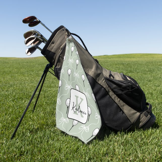 Preppy Sage Green White Bow Pattern Monogram  Golf Towel (Green)