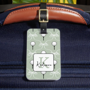 Preppy Sage White Bow Golf Pattern Monogram Luggage Tag